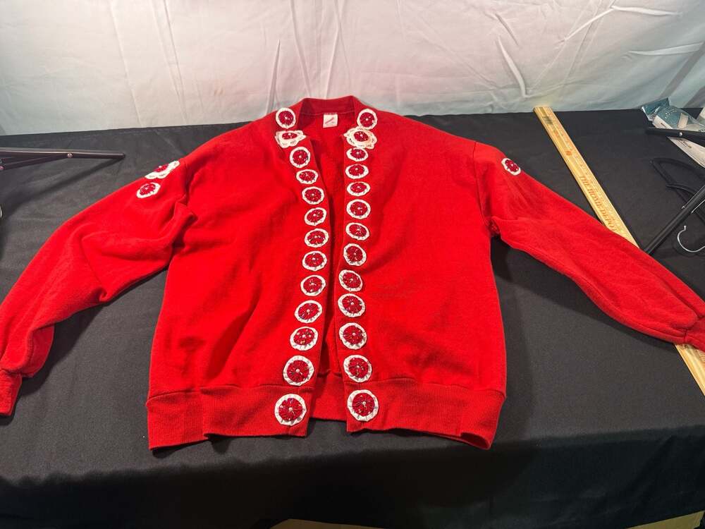 Jerzees Vintage Red Cardigan Sweatshirt XL Yo Yo Quilt Flower Applique